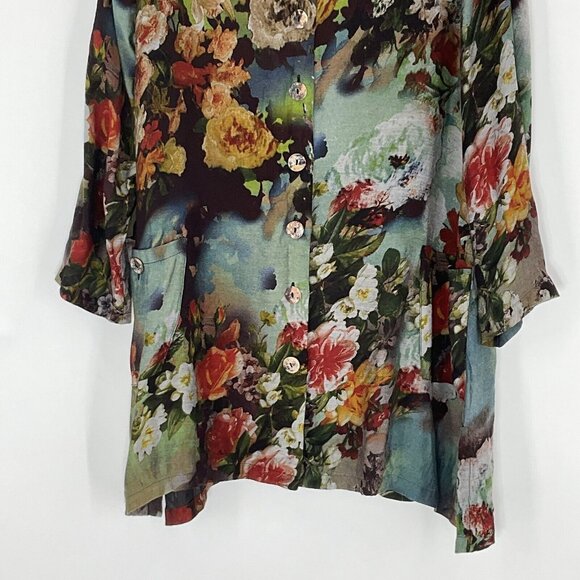 Soft Surroundings‎ Top Women M Dark Floral Bloom Button Up Pockets Art To Wear - Picture 6 of 13